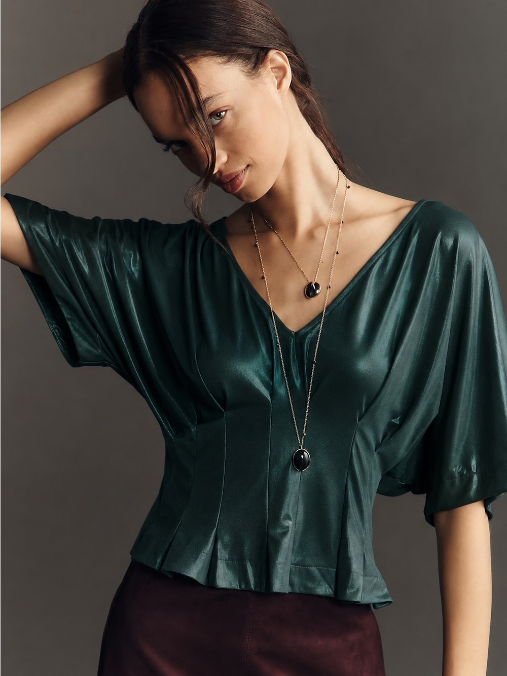 Anthropologie Emerald Green Satin V-Neck Blouse